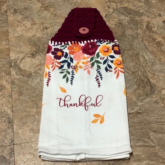 Thankful floral kitchen towel with crocheted top